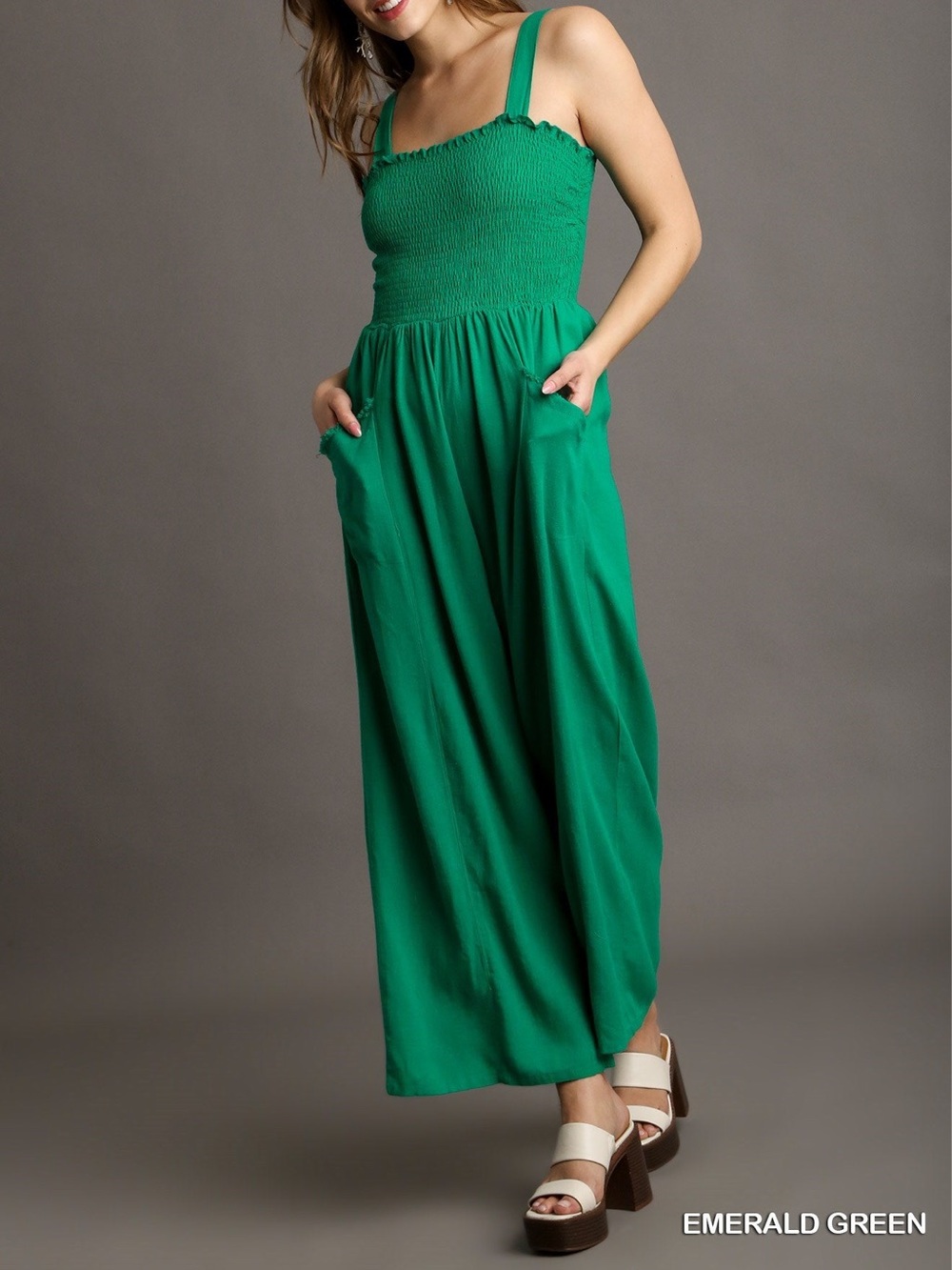 Umgee Emerald Green Smocked Jumpsuit with Pockets